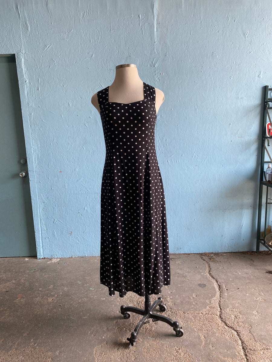 90's Black Polka dot dress with criss-cross back straps Vida Antigua Collective 90's Black Polka dot dress with criss-cross back straps Vida Antigua Collective