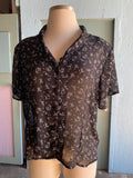 90's Sheer black button down shirt with a white curly scribble print