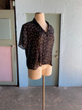 90's Sheer black button down shirt with a white curly scribble print