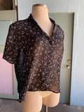 90's Sheer black button down shirt with a white curly scribble print