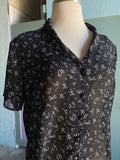 90's Sheer black button down shirt with a white curly scribble print