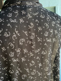90's Sheer black button down shirt with a white curly scribble print