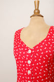 1990's Red sleeveless button down maxi dress with dainty white flowers & back corset lacing
