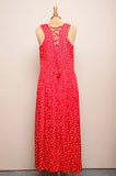 1990's Red sleeveless button down maxi dress with dainty white flowers & back corset lacing
