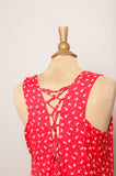 1990's Red sleeveless button down maxi dress with dainty white flowers & back corset lacing