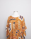 1990's Sandstone, Rust & ivory abstract printed mini caftan dress with a fringe hem