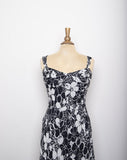 1990's-Y2K Black and White floral silk bias cut sleeveless dress