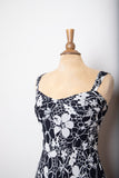 1990's-Y2K Black and White floral silk bias cut sleeveless dress