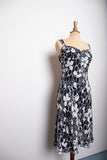 1990's-Y2K Black and White floral silk bias cut sleeveless dress