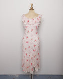 1990's-Y2K Ivory bias dress with dainty pink florals and ruffle shoulders