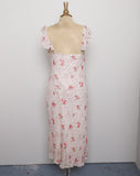 1990's-Y2K Ivory bias dress with dainty pink florals and ruffle shoulders