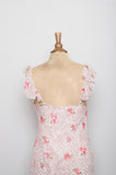 1990's-Y2K Ivory bias dress with dainty pink florals and ruffle shoulders