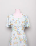 1970's Baby blue Boho flutter sleeve mini dress with blue and golden florals