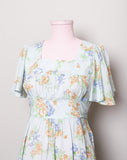 1970's Baby blue Boho flutter sleeve mini dress with blue and golden florals