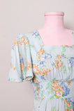 1970's Baby blue Boho flutter sleeve mini dress with blue and golden florals