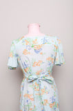 1970's Baby blue Boho flutter sleeve mini dress with blue and golden florals