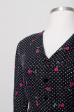 1990's Black long sleeve peplum silk dress with polka dot and fuchsia rose print