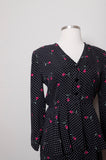 1990's Black long sleeve peplum silk dress with polka dot and fuchsia rose print