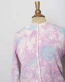 1950-60's Pastel pink, purple and blue Angora wool cardigan sweater with watercolor flowers