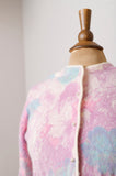 1950-60's Pastel pink, purple and blue Angora wool cardigan sweater with watercolor flowers