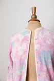 1950-60's Pastel pink, purple and blue Angora wool cardigan sweater with watercolor flowers