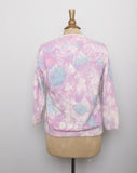 1950-60's Pastel pink, purple and blue Angora wool cardigan sweater with watercolor flowers