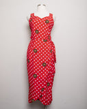 1990's Sleeveless Red dress with a medusa medallion & polka dot print and faux wrap skirt