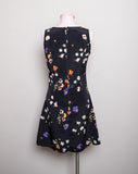 1990's Black mini sleeveless dress with red, purple, yellow & white wild flowers print