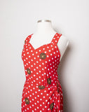 1990's Sleeveless Red dress with a medusa medallion & polka dot print and faux wrap skirt