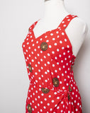 1990's Sleeveless Red dress with a medusa medallion & polka dot print and faux wrap skirt