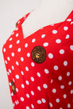 1990's Sleeveless Red dress with a medusa medallion & polka dot print and faux wrap skirt