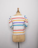 1970-80's Ivory boxy top with multi color striped and puff sleeves