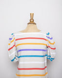1970-80's Ivory boxy top with multi color striped and puff sleeves