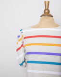 1970-80's Ivory boxy top with multi color striped and puff sleeves