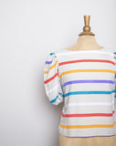 1970-80's Ivory boxy top with multi color striped and puff sleeves