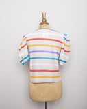 1970-80's Ivory boxy top with multi color striped and puff sleeves