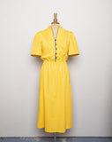1980's Canary Yellow short sleeve dress with Navy outline & buttons