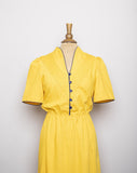 1980's Canary Yellow short sleeve dress with Navy outline & buttons