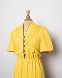 1980's Canary Yellow short sleeve dress with Navy outline & buttons