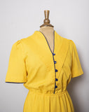 1980's Canary Yellow short sleeve dress with Navy outline & buttons