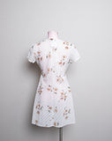 1990's Ivory sheer short sleeve mini dress with pink daisy print