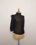 1970's Sheer striped Black Victorian style blouse, with a high ruffled collar, ruffled bib and puff sleeves.