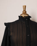 1970's Sheer striped Black Victorian style blouse, with a high ruffled collar, ruffled bib and puff sleeves.