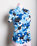 1990's-Y2K Turquoise, Navy and White floral short sleeve button down top