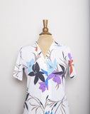 1970-80's White short sleeve button down with red, blue & purple tropical floral print