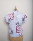 1980-90's Sky Blue short sleeve button down shirt with a floral red, blue and white quilt patchwork print