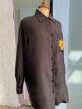 90's-Y2K Black silk long sleeve with yellow flower & butterfly screen print