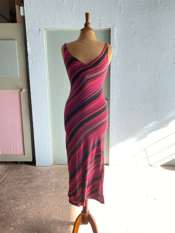 Y2K Betsey Johnson body con fuchsia & black striped dress