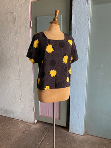 80-90's Black polka dot boxy top with a yellow rose print