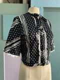 70's Black and white polka dot crop top with bell sleeves